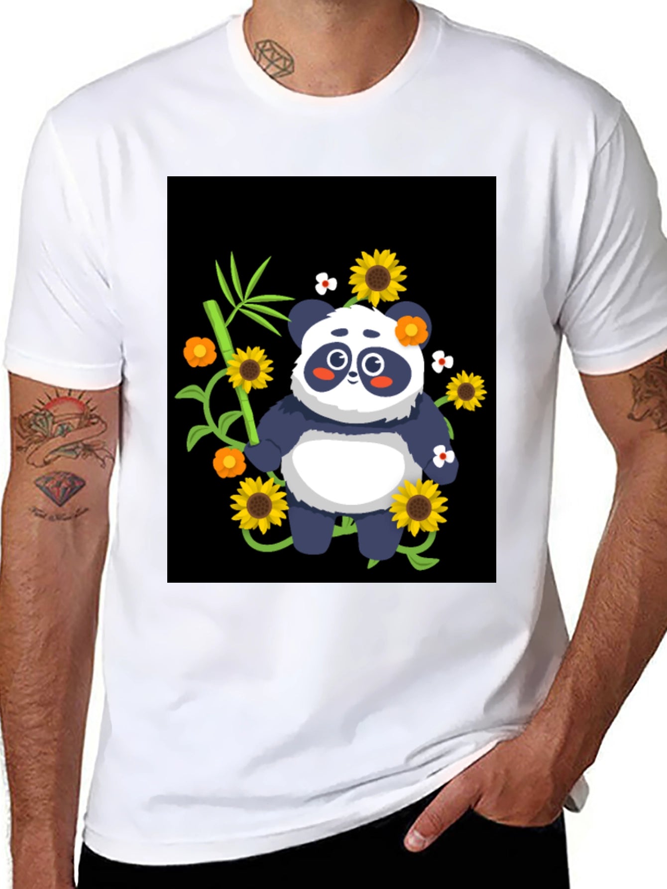 Panda & Sunflower Graphic Black T-Shirt