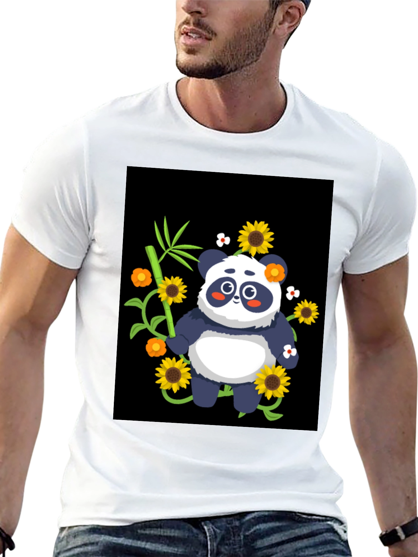 Panda & Sunflower Graphic Black T-Shirt