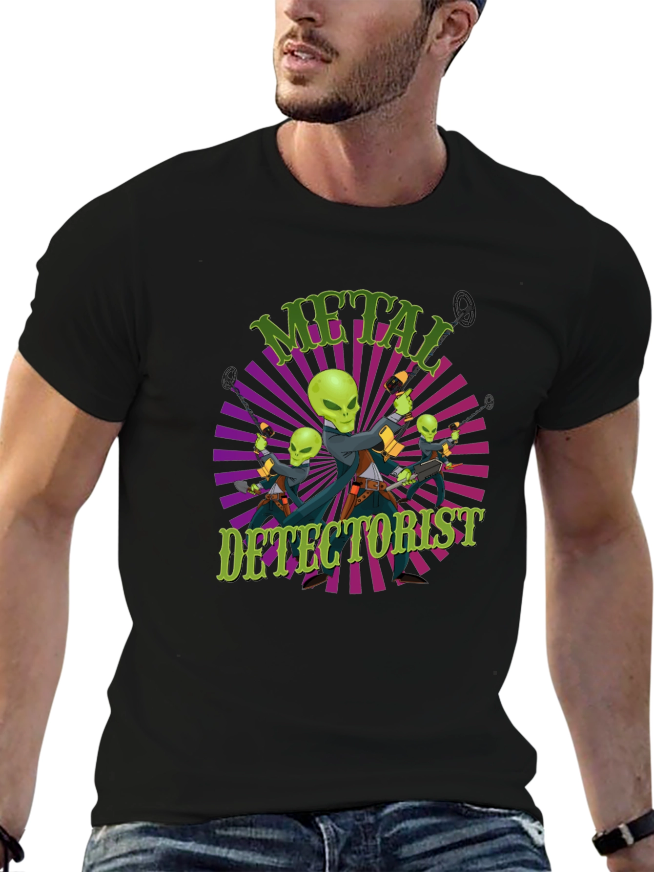 Metal Detectorist Alien Invasion Black T-Shirt