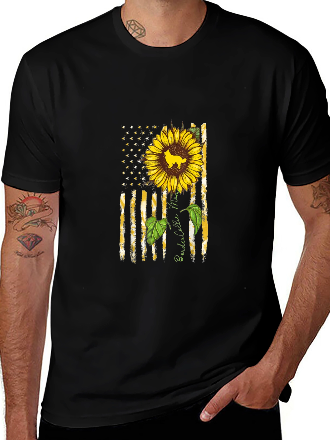 Border Collie Sunflower American Flag T-Shirt