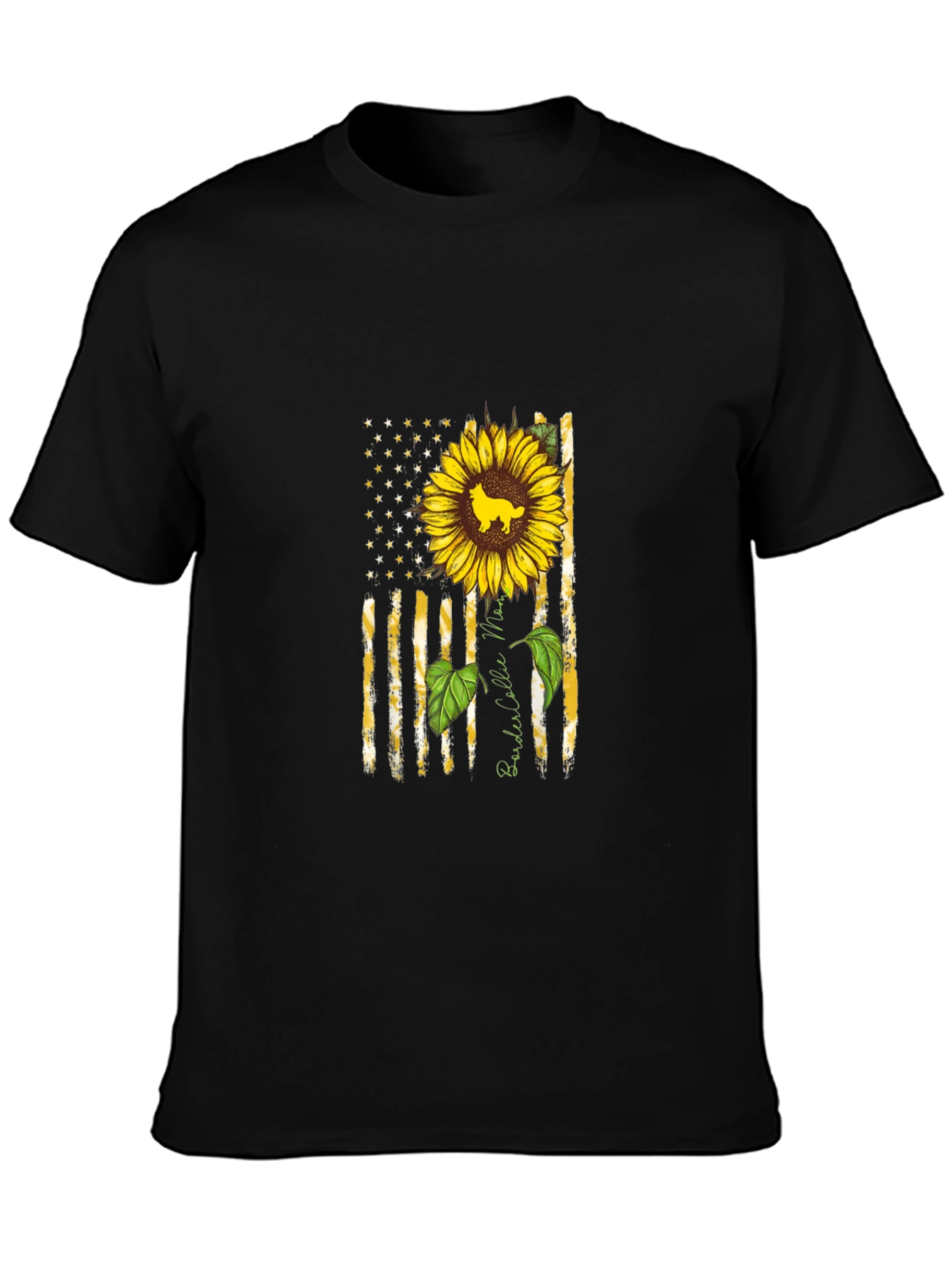 Border Collie Sunflower American Flag T-Shirt