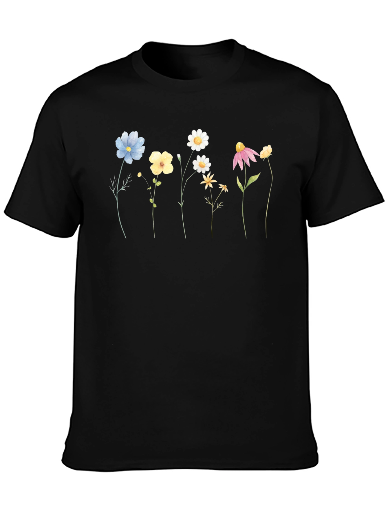 Floral Line Art Black T-Shirt