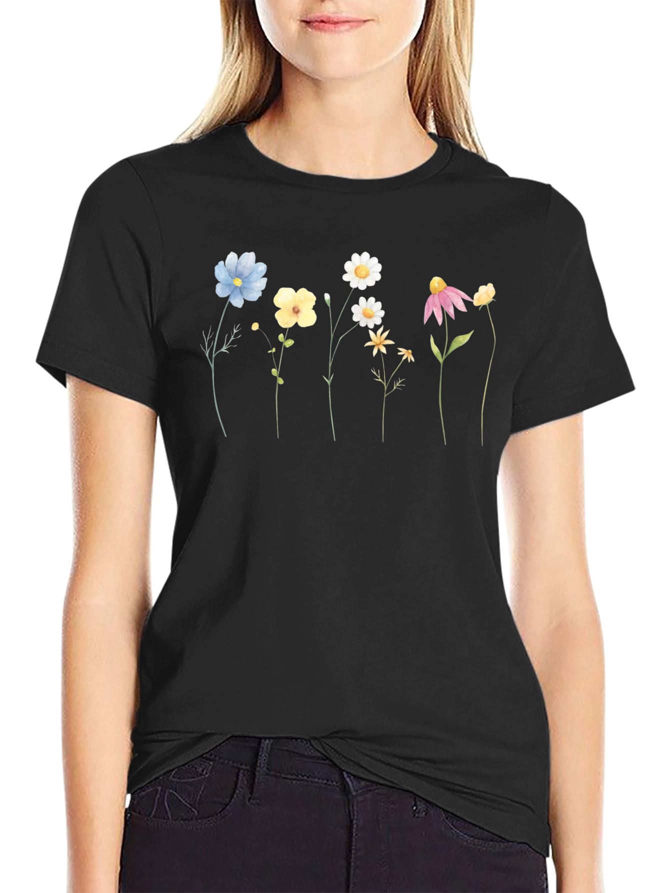 Floral Line Art Black T-Shirt