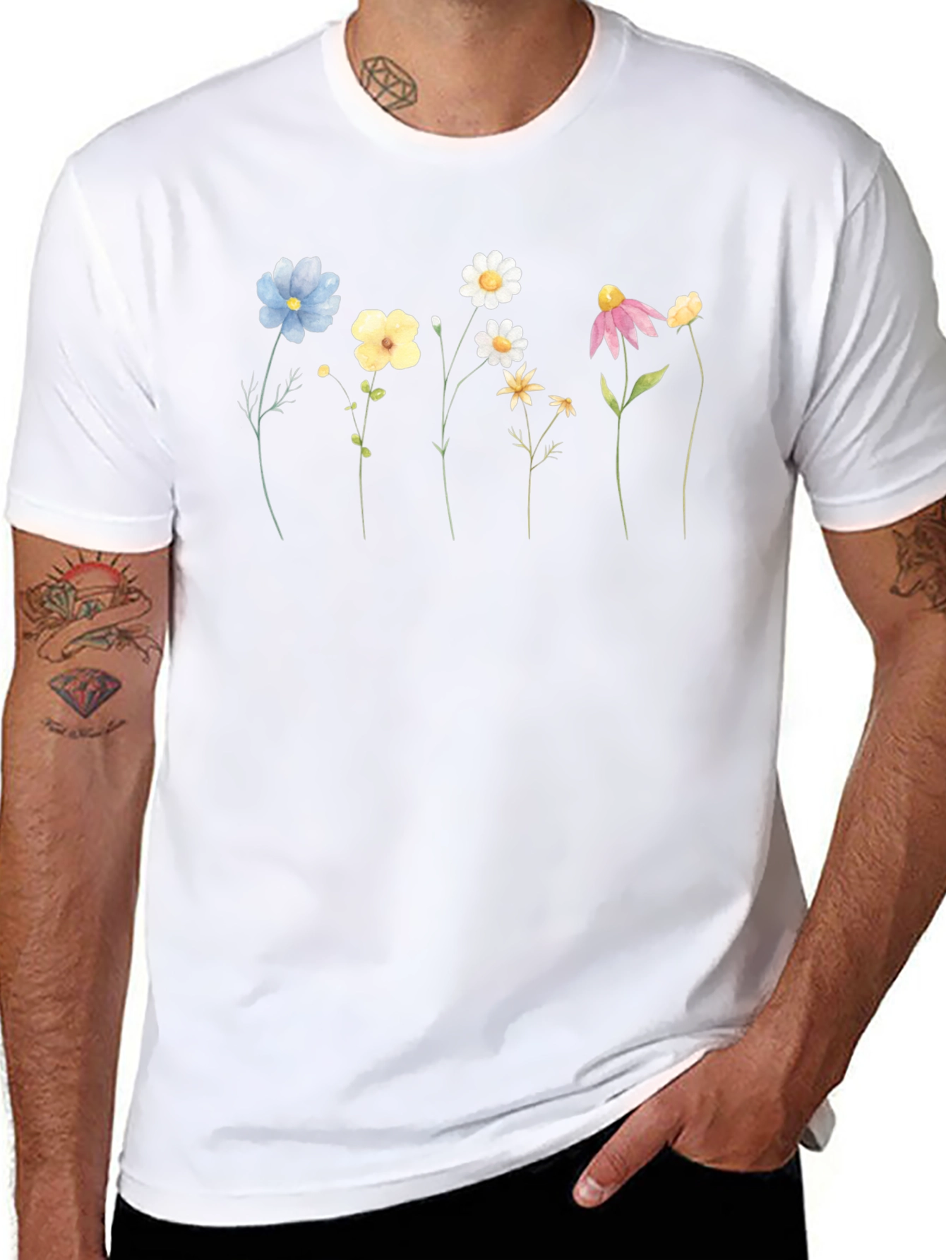 Floral Line Art Black T-Shirt