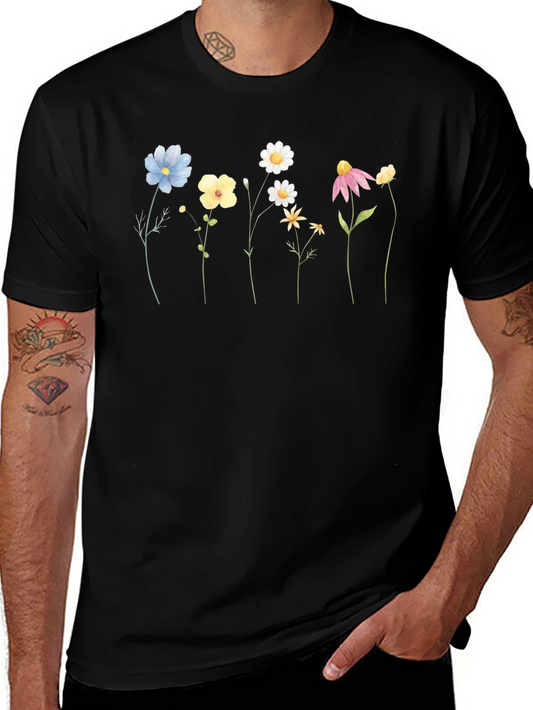 Floral Line Art Black T-Shirt
