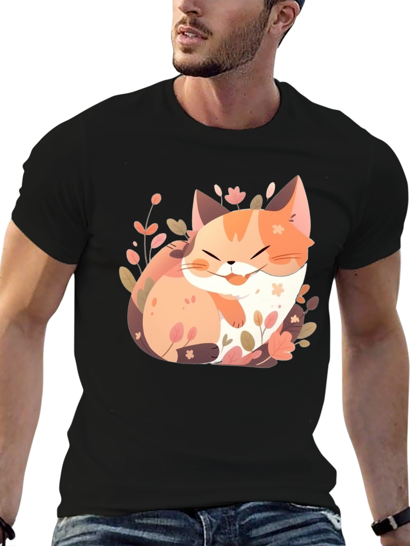 Cute Cat Floral Graphic Tee - Black