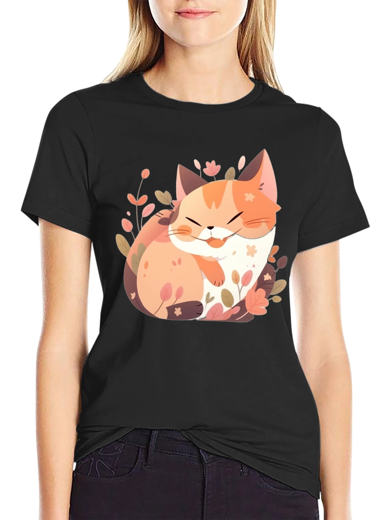 Cute Cat Floral Graphic Tee - Black