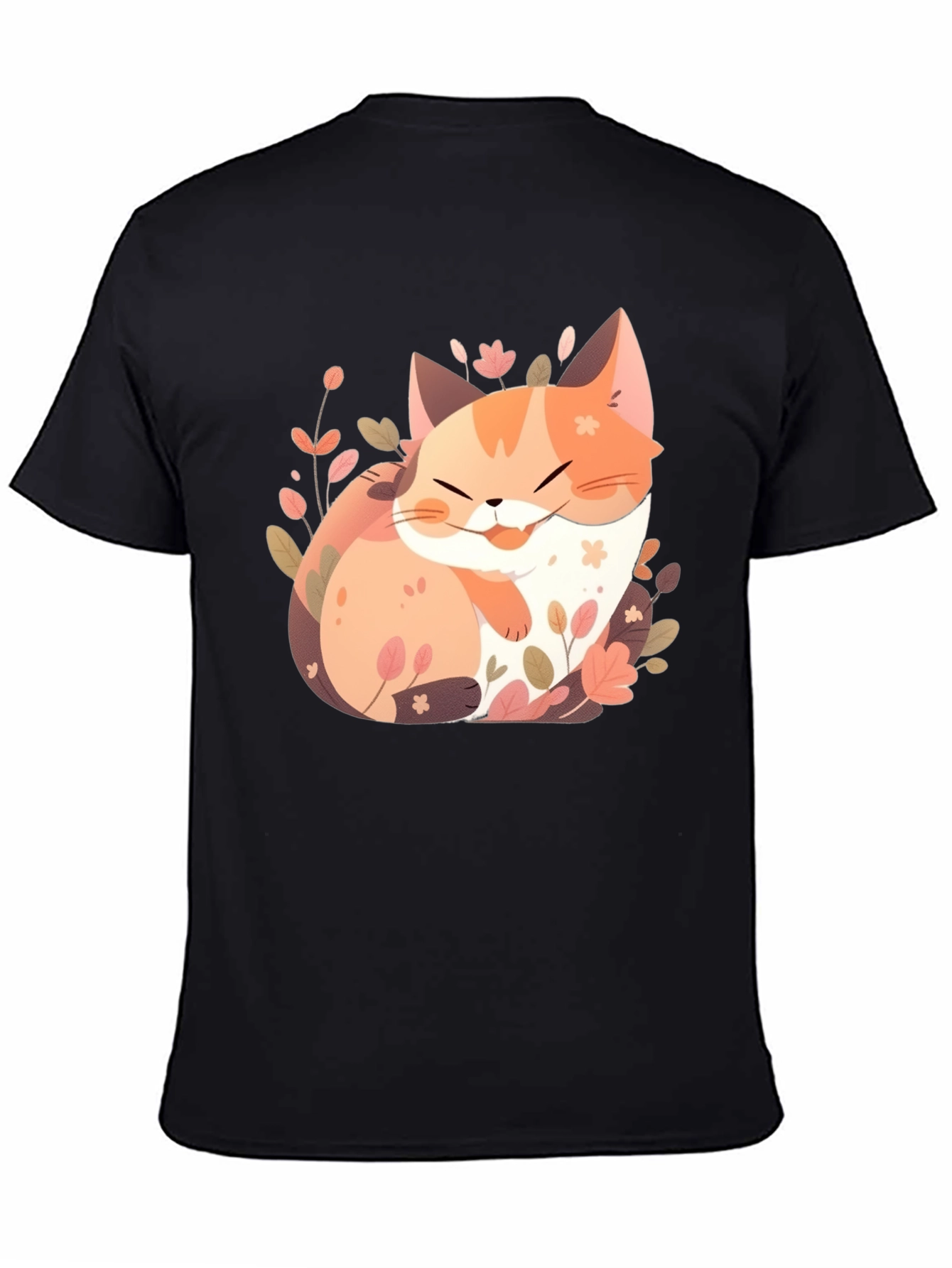Cute Cat Floral Graphic Tee - Black