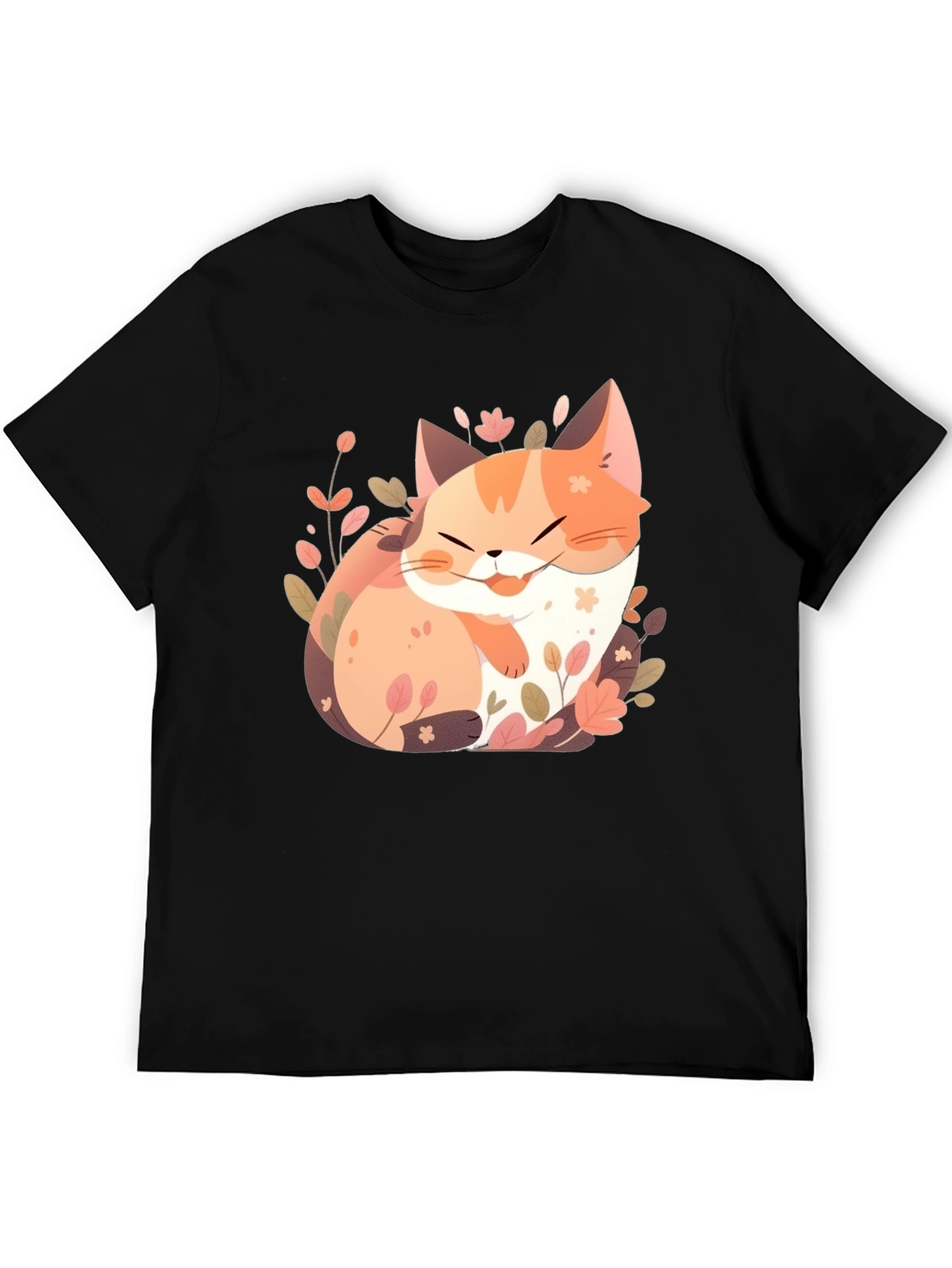 Cute Cat Floral Graphic Tee - Black