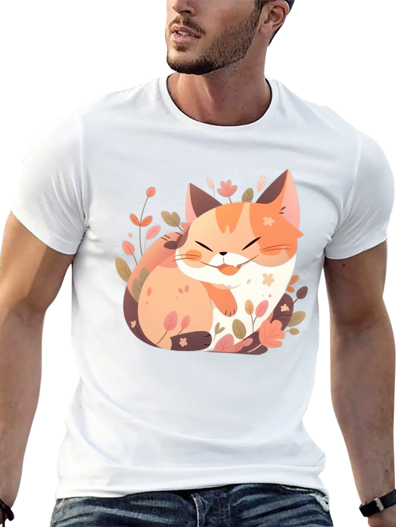 Cute Cat Floral Graphic Tee - Black