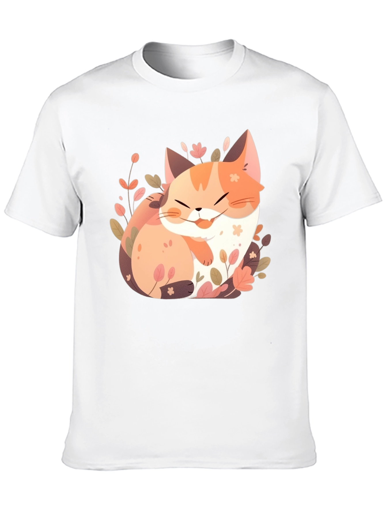 Cute Cat Floral Graphic Tee - Black