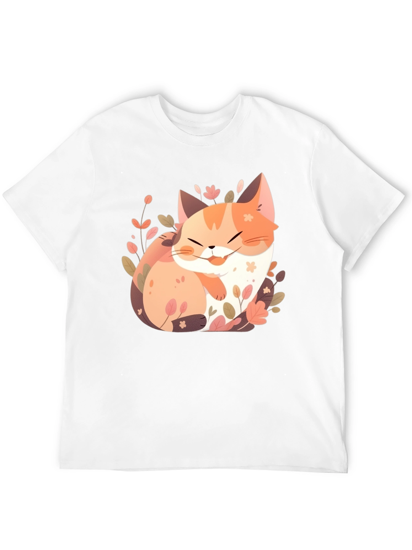 Cute Cat Floral Graphic Tee - Black