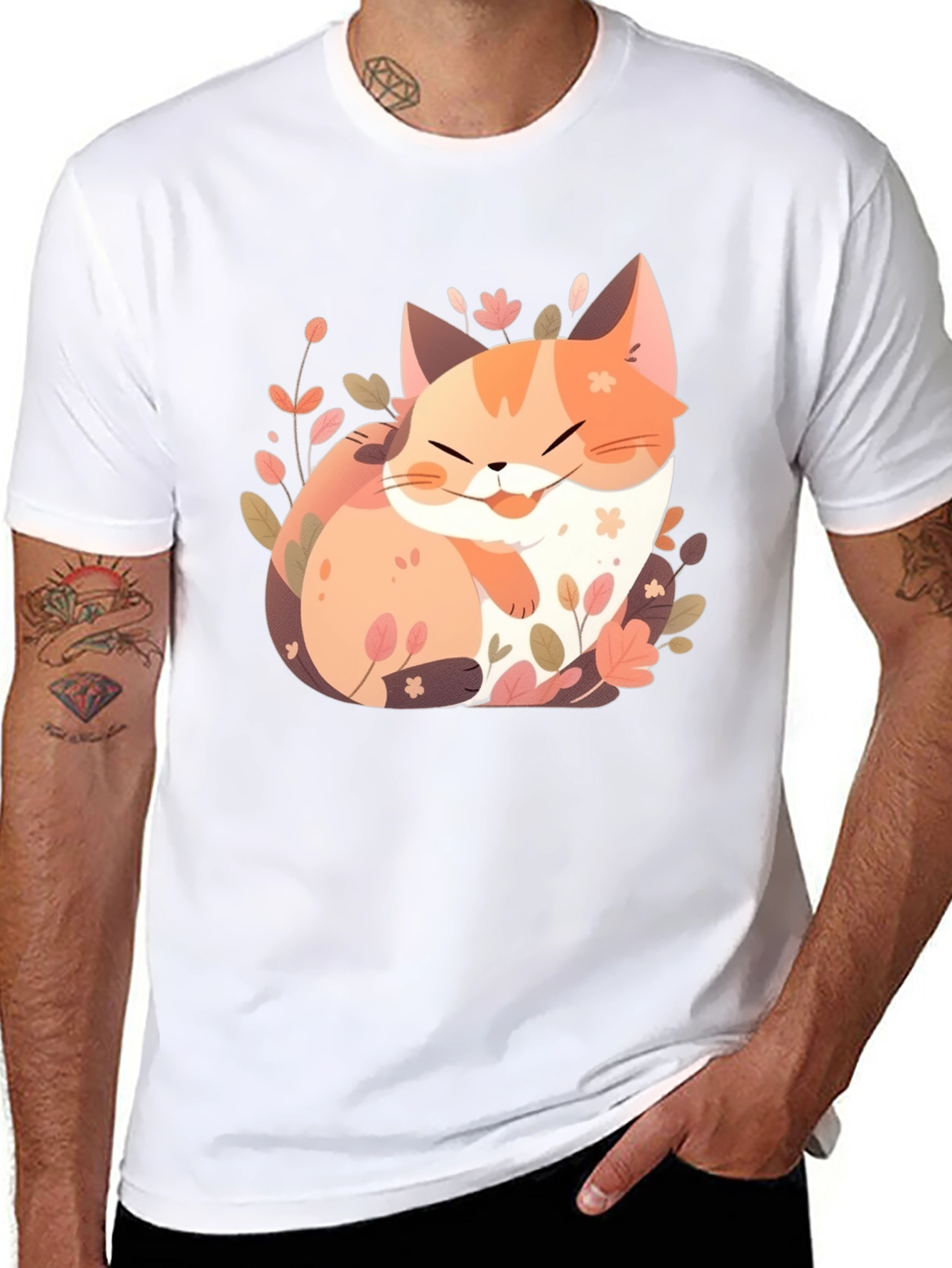 Cute Cat Floral Graphic Tee - Black