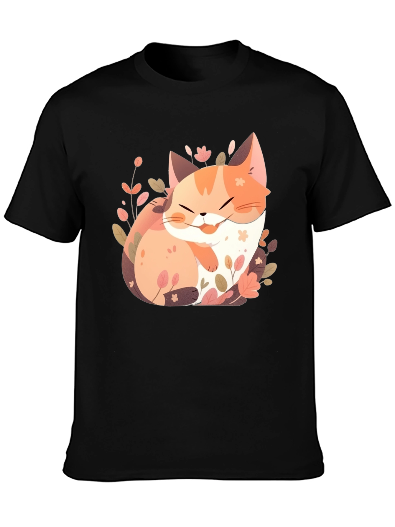 Cute Cat Floral Graphic Tee - Black