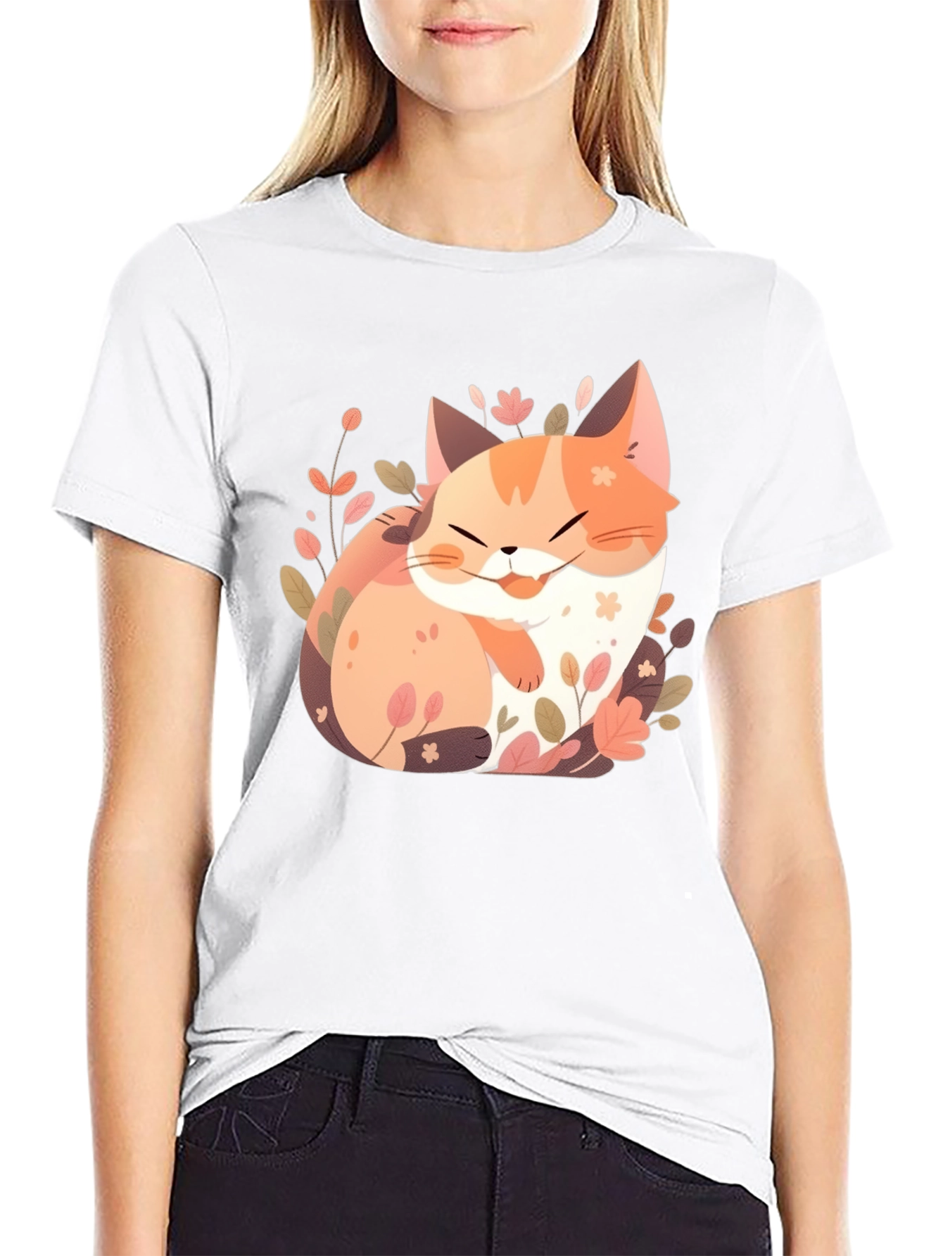 Cute Cat Floral Graphic Tee - Black