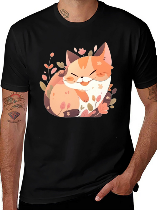Cute Cat Floral Graphic Tee - Black