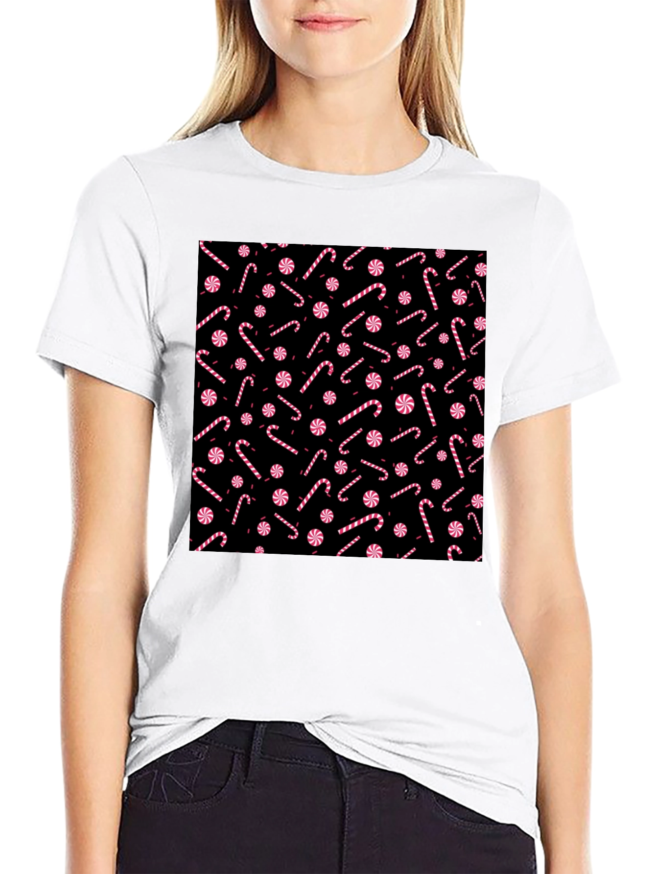 Candy Cane Pattern Black T-Shirt