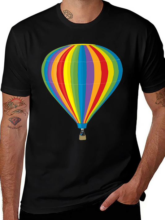 Rainbow Hot Air Balloon Graphic Tee - Black Cotton T-Shirt