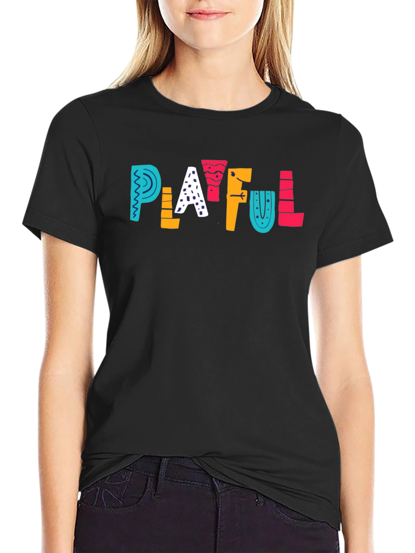 Playful Graphic Tee - Black Cotton T-Shirt