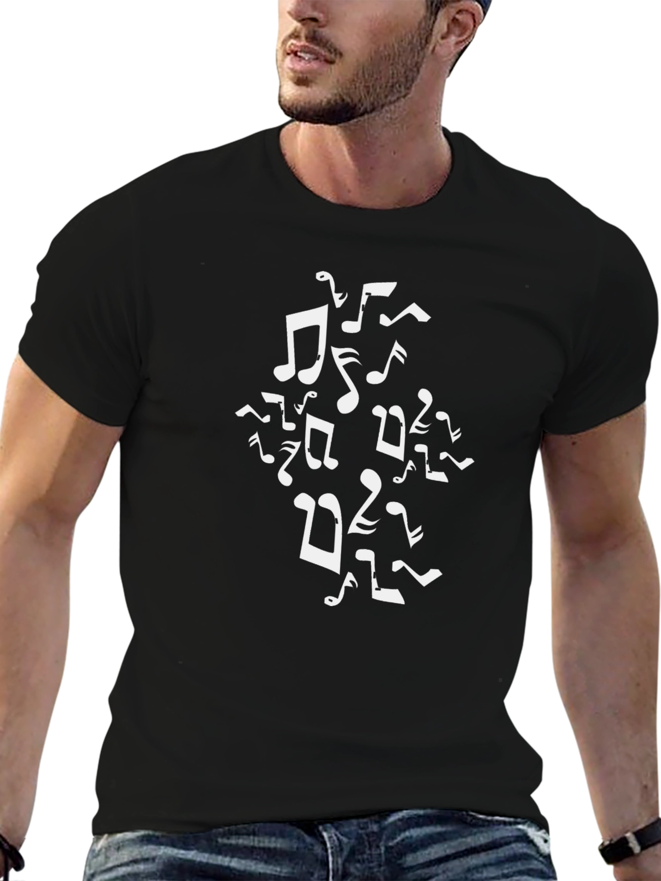 Musical Notes Graphic Tee - Black Cotton T-Shirt