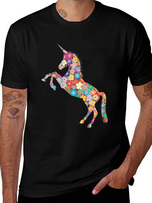 Floral Unicorn Graphic Tee - Black Cotton T-Shirt