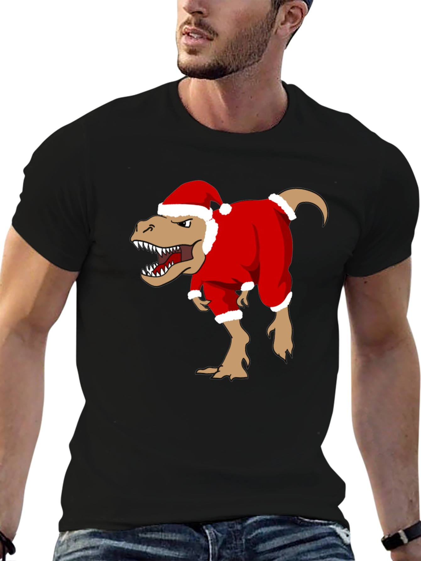 T-Rex Santa Costume Christmas Black T-Shirt