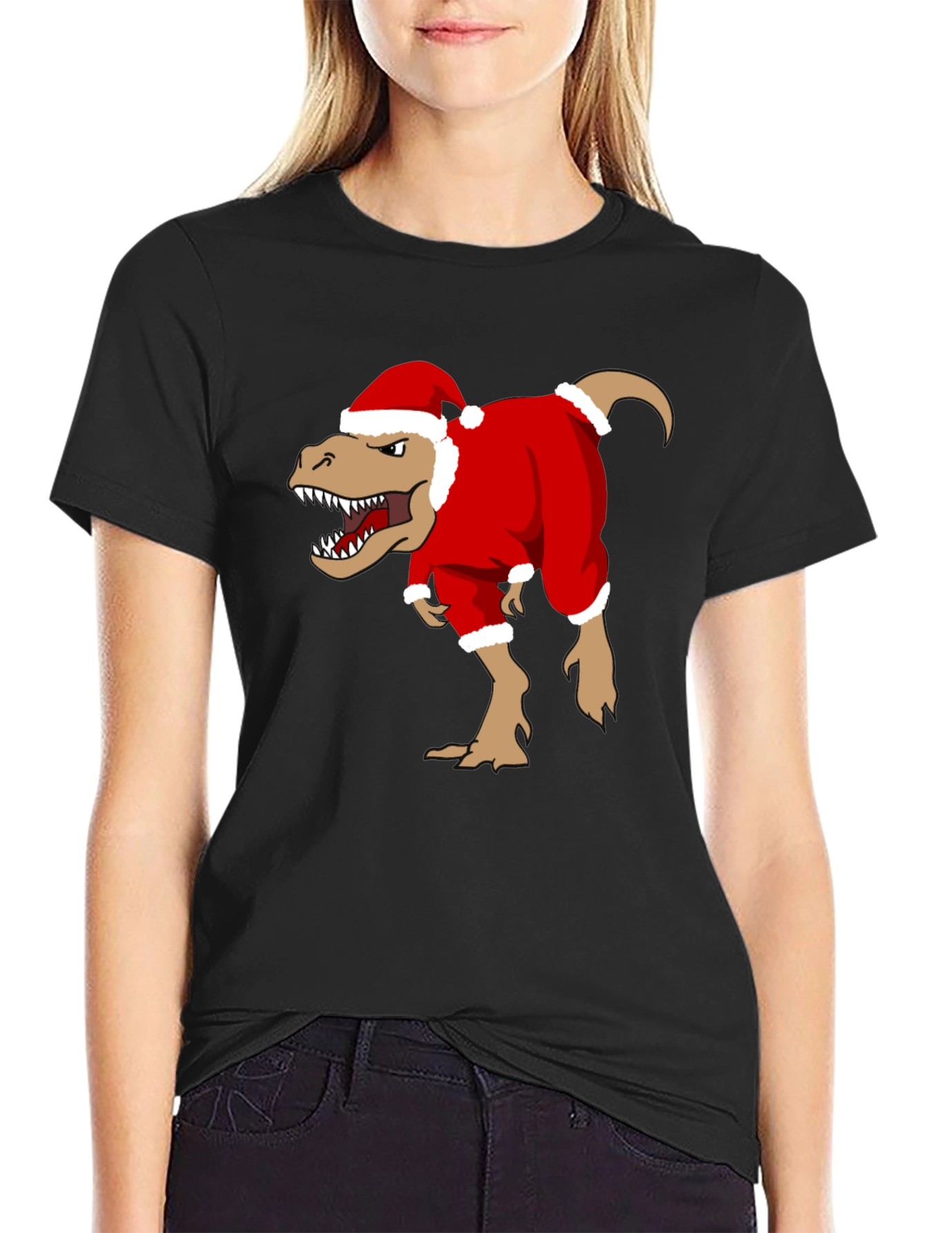 T-Rex Santa Costume Christmas Black T-Shirt