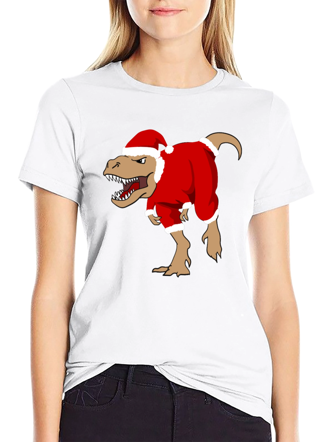 T-Rex Santa Costume Christmas Black T-Shirt