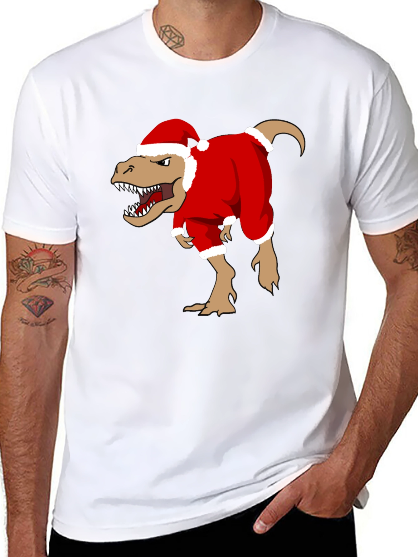 T-Rex Santa Costume Christmas Black T-Shirt