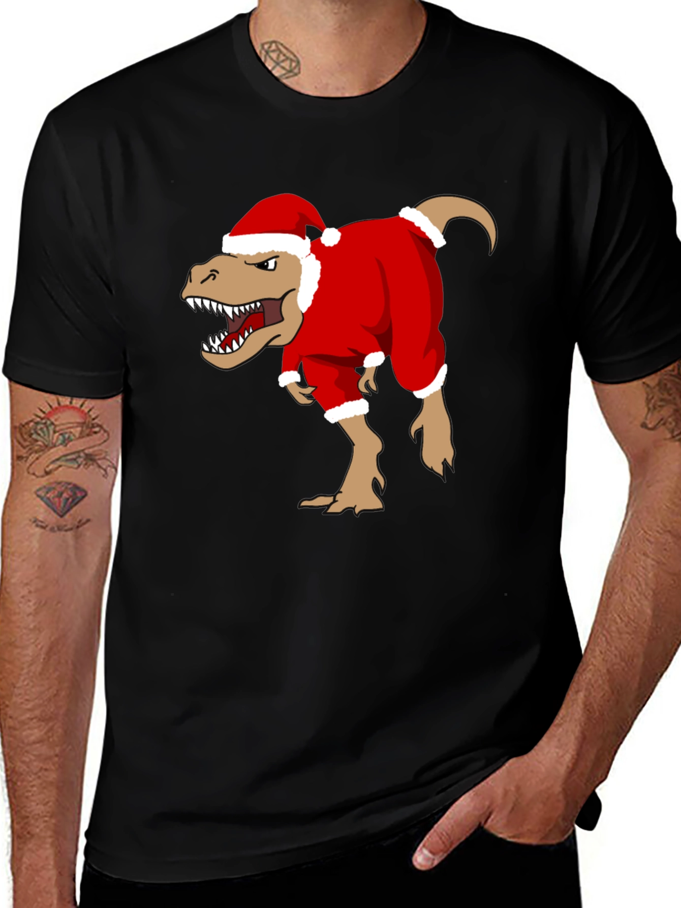 T-Rex Santa Costume Christmas Black T-Shirt