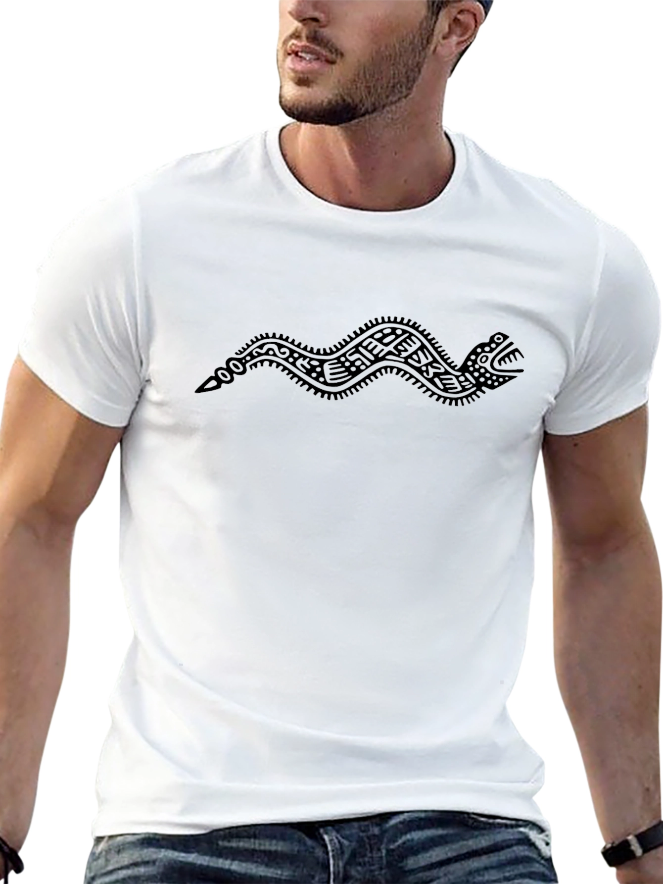 Black T-Shirt with Aztec Serpent Design