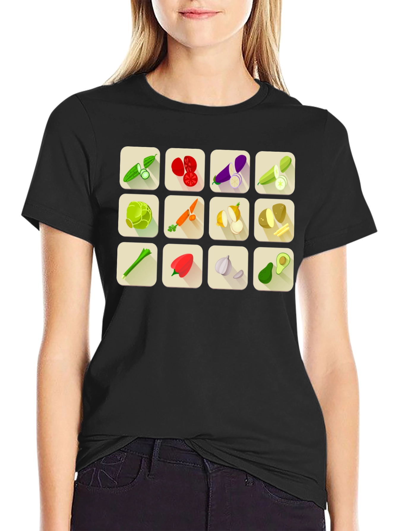 Vegetable Pattern Black T-Shirt