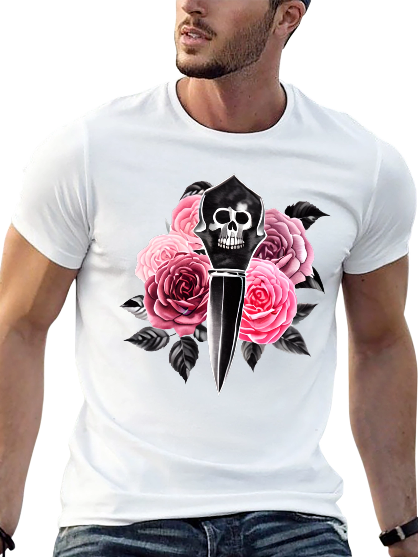 Skull Dagger & Roses Graphic Black T-Shirt