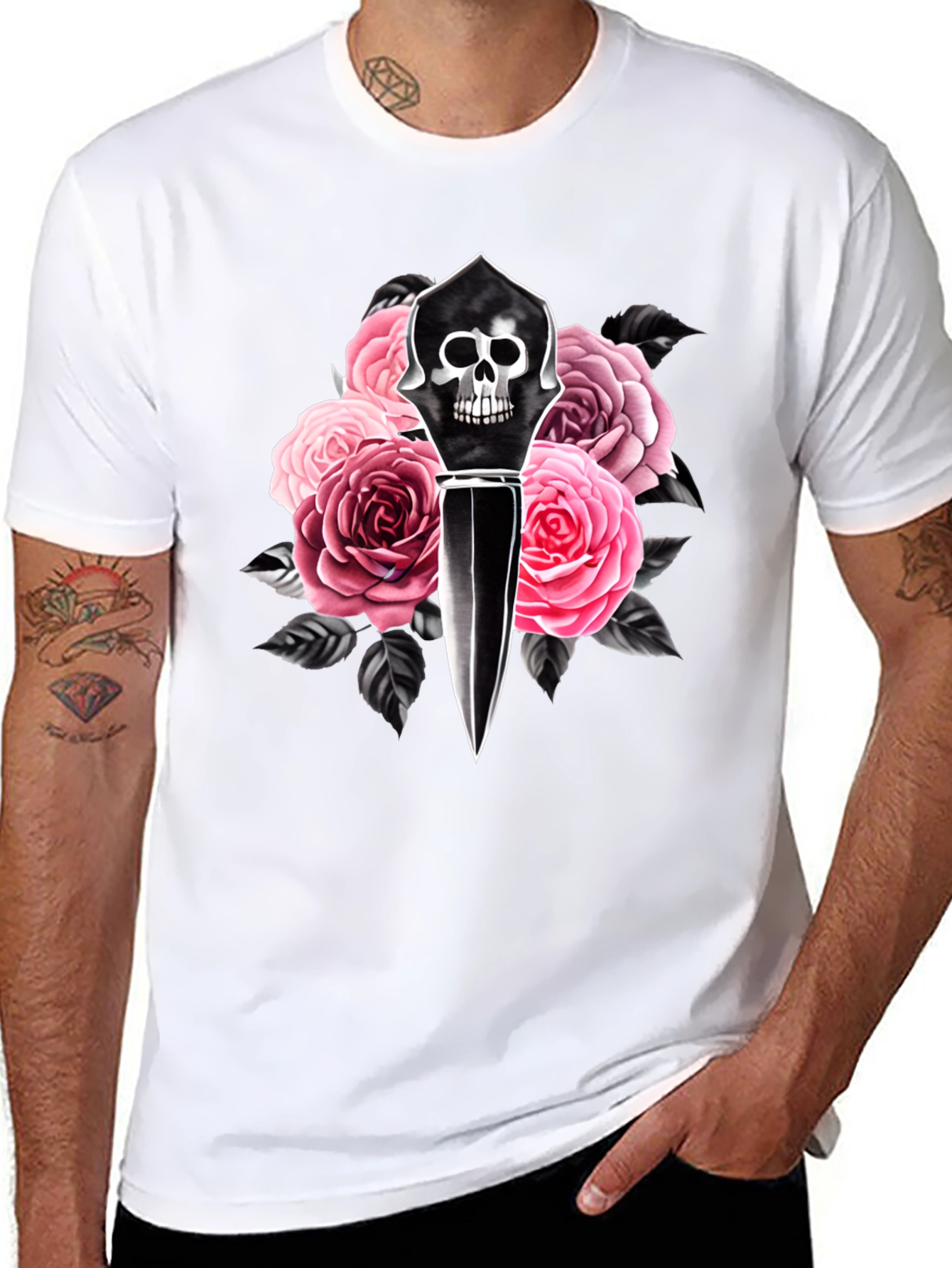 Skull Dagger & Roses Graphic Black T-Shirt