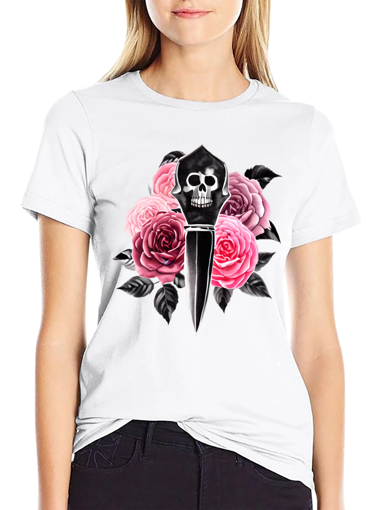 Skull Dagger & Roses Graphic Black T-Shirt