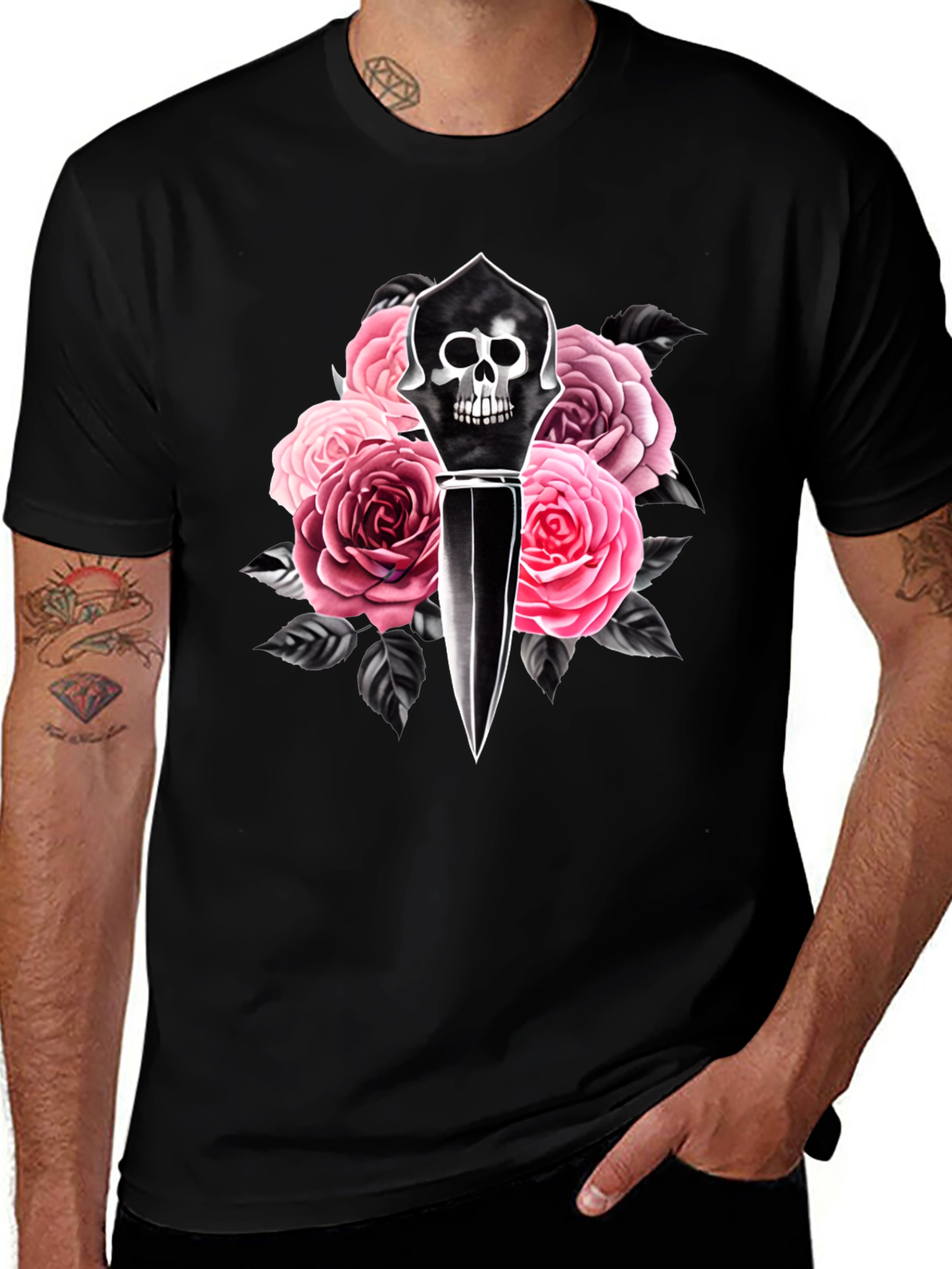 Skull Dagger & Roses Graphic Black T-Shirt