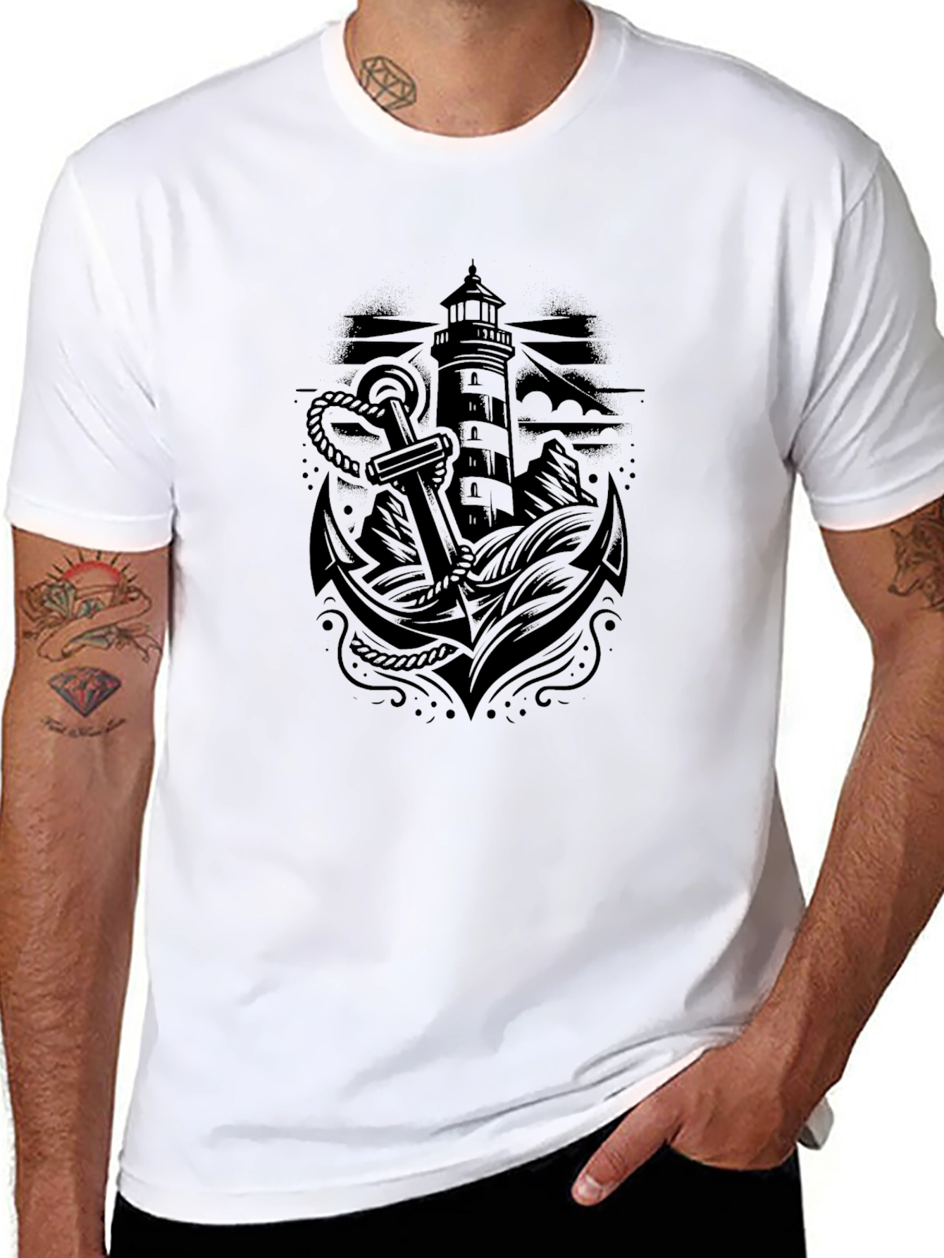 Nautical Lighthouse Anchor Black T-Shirt