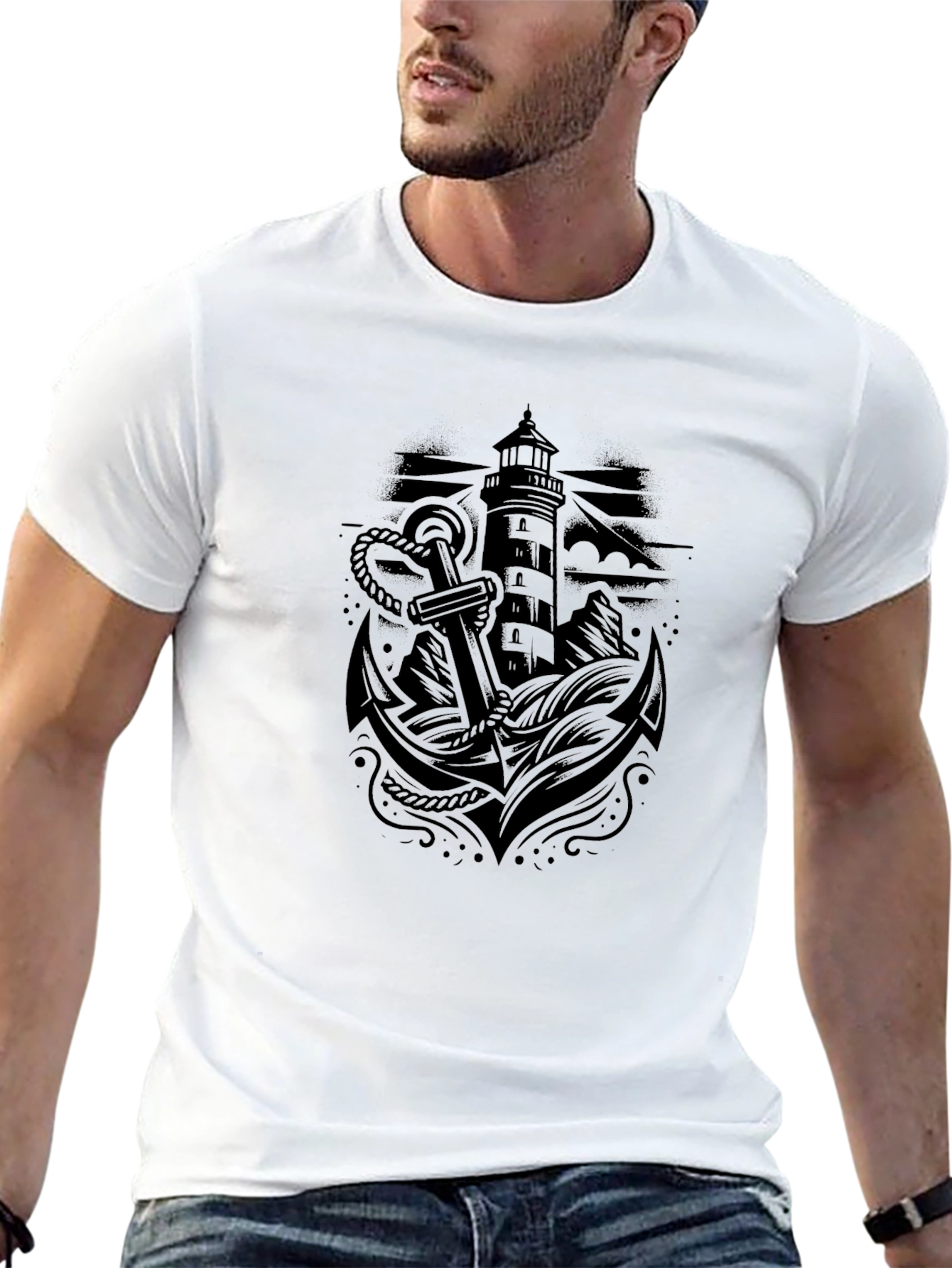 Nautical Lighthouse Anchor Black T-Shirt
