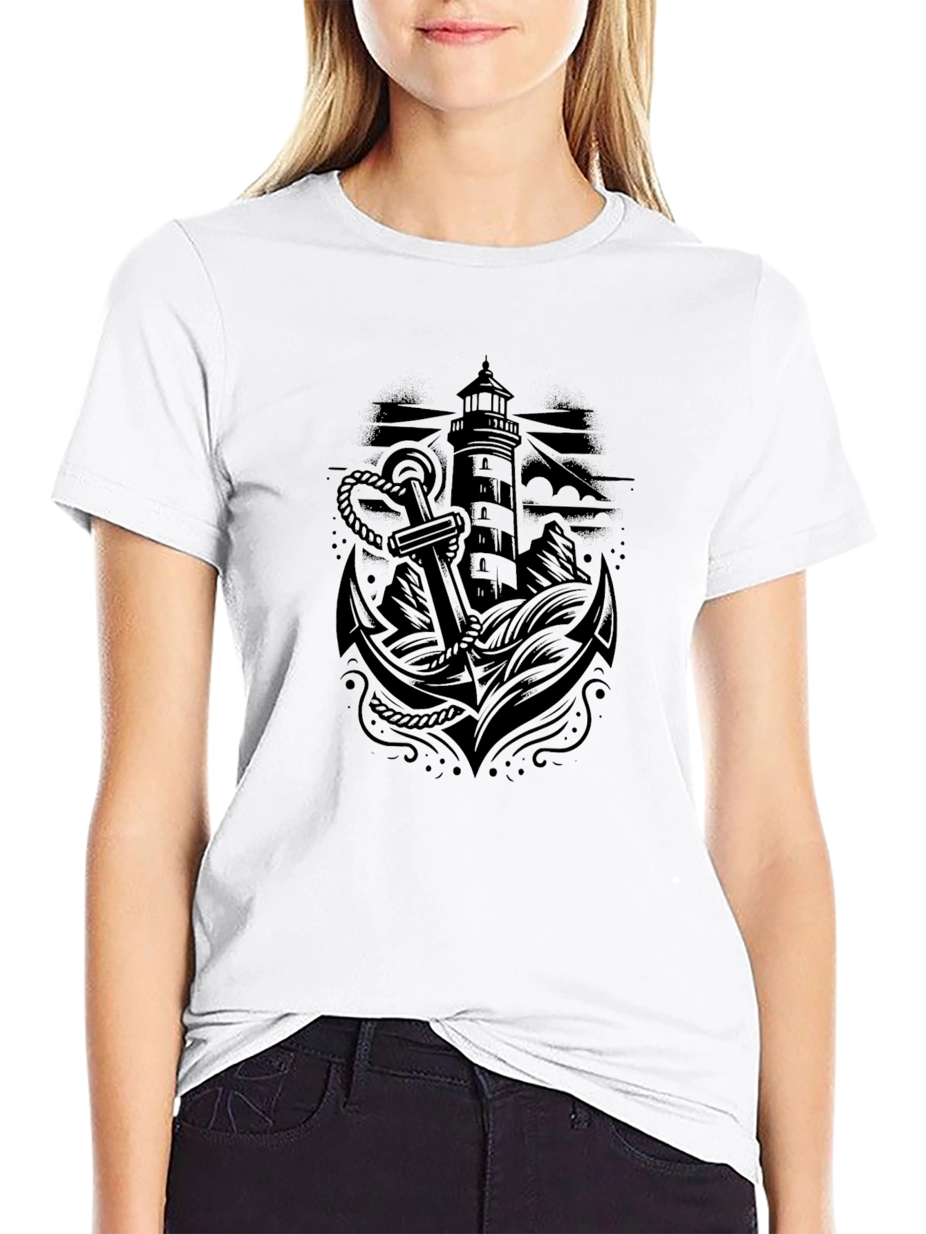 Nautical Lighthouse Anchor Black T-Shirt