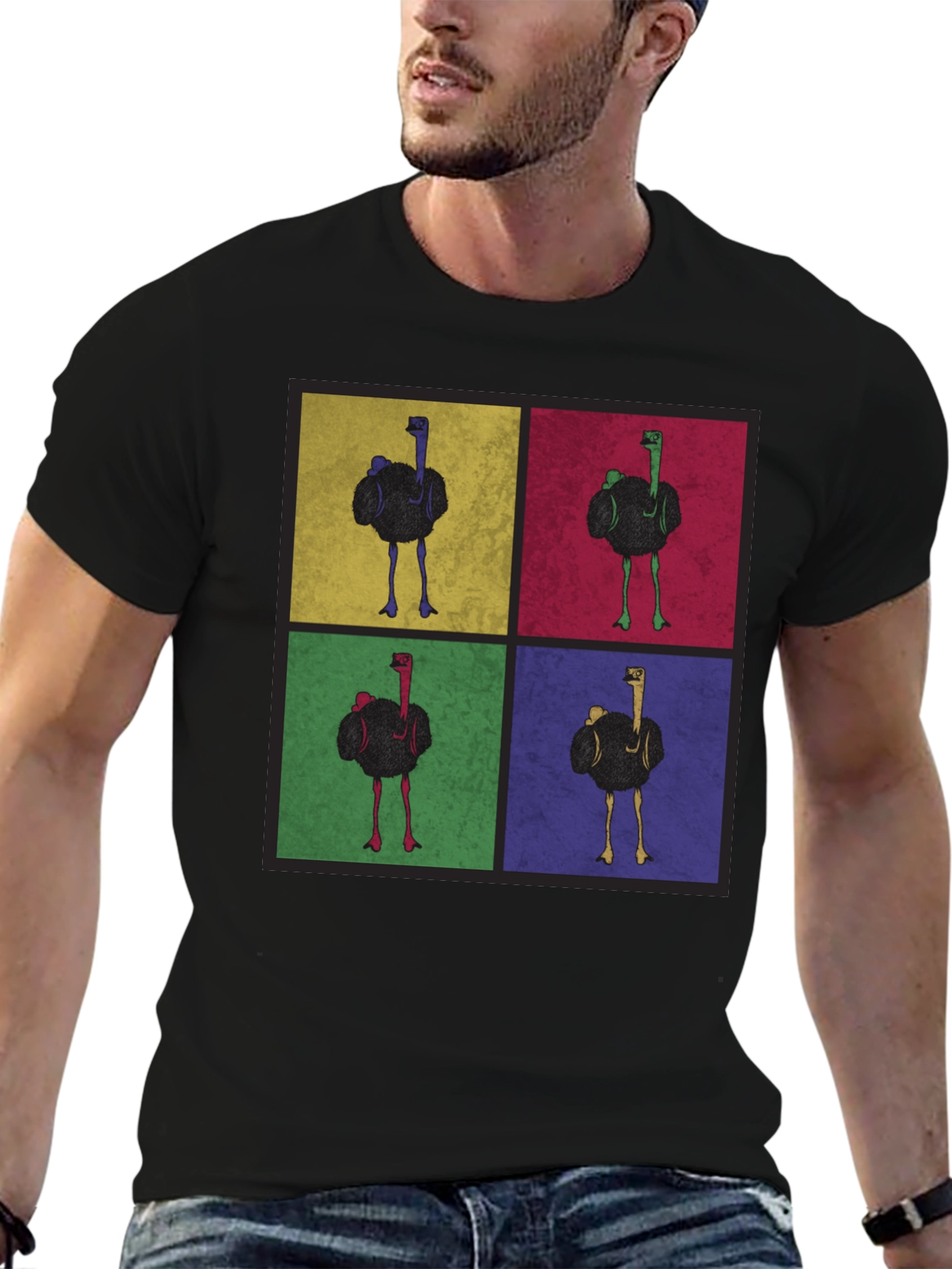 Ostrich Pop Art Graphic Tee - Quirky Mens T-Shirt
