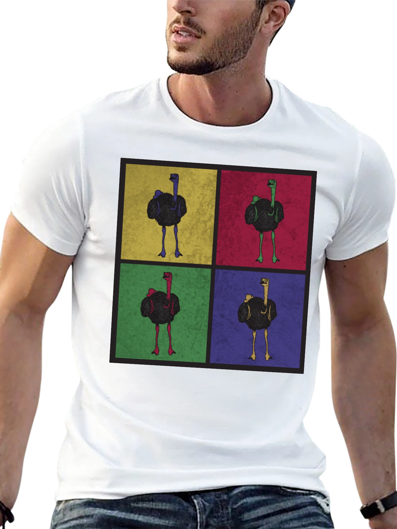 Ostrich Pop Art Graphic Tee - Quirky Mens T-Shirt