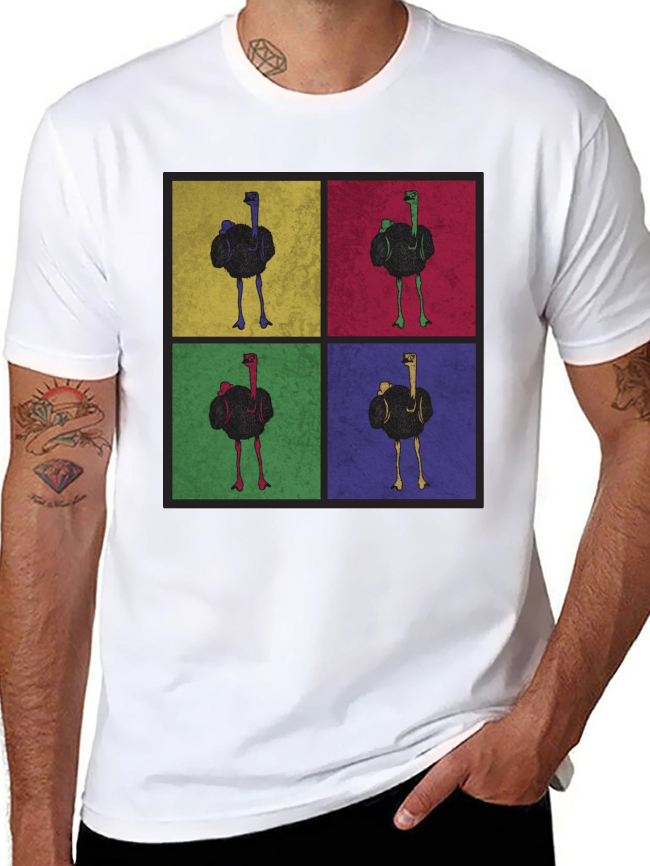 Ostrich Pop Art Graphic Tee - Quirky Mens T-Shirt