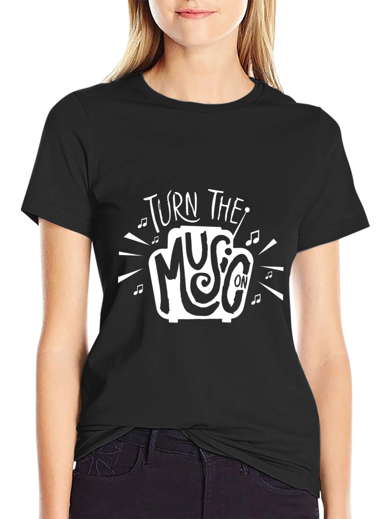 Turn the Music On Graphic Print Black T-Shirt