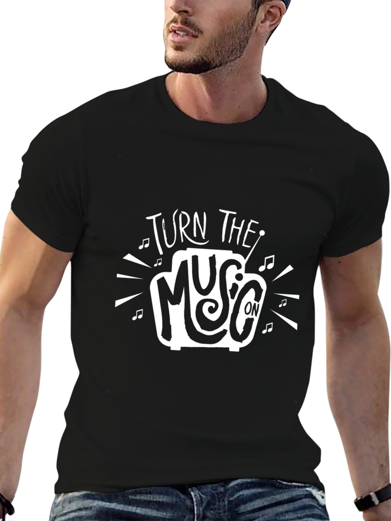 Turn the Music On Graphic Print Black T-Shirt