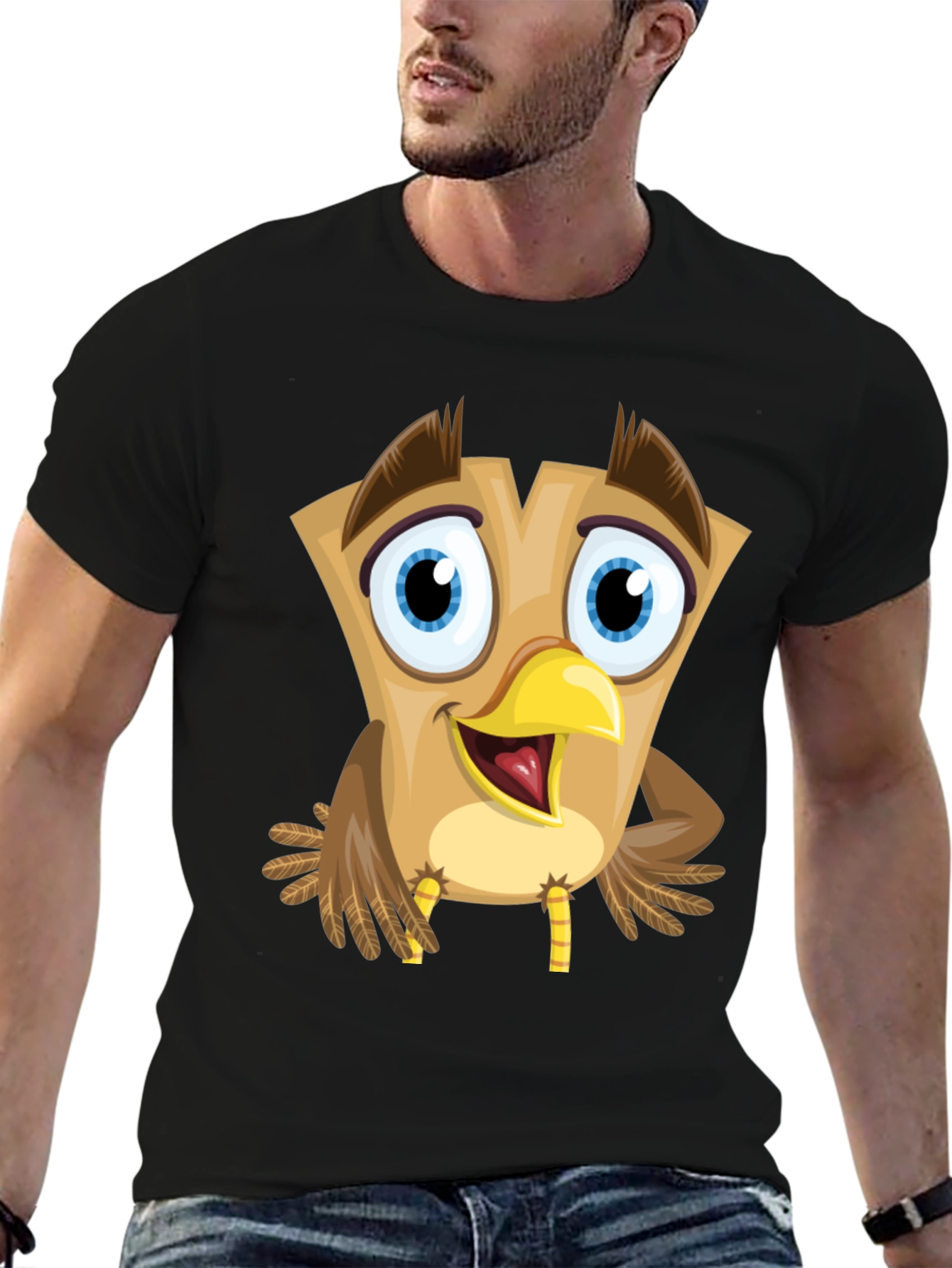 Cartoon Owl Graphic Tee - Black Cotton Blend T-Shirt