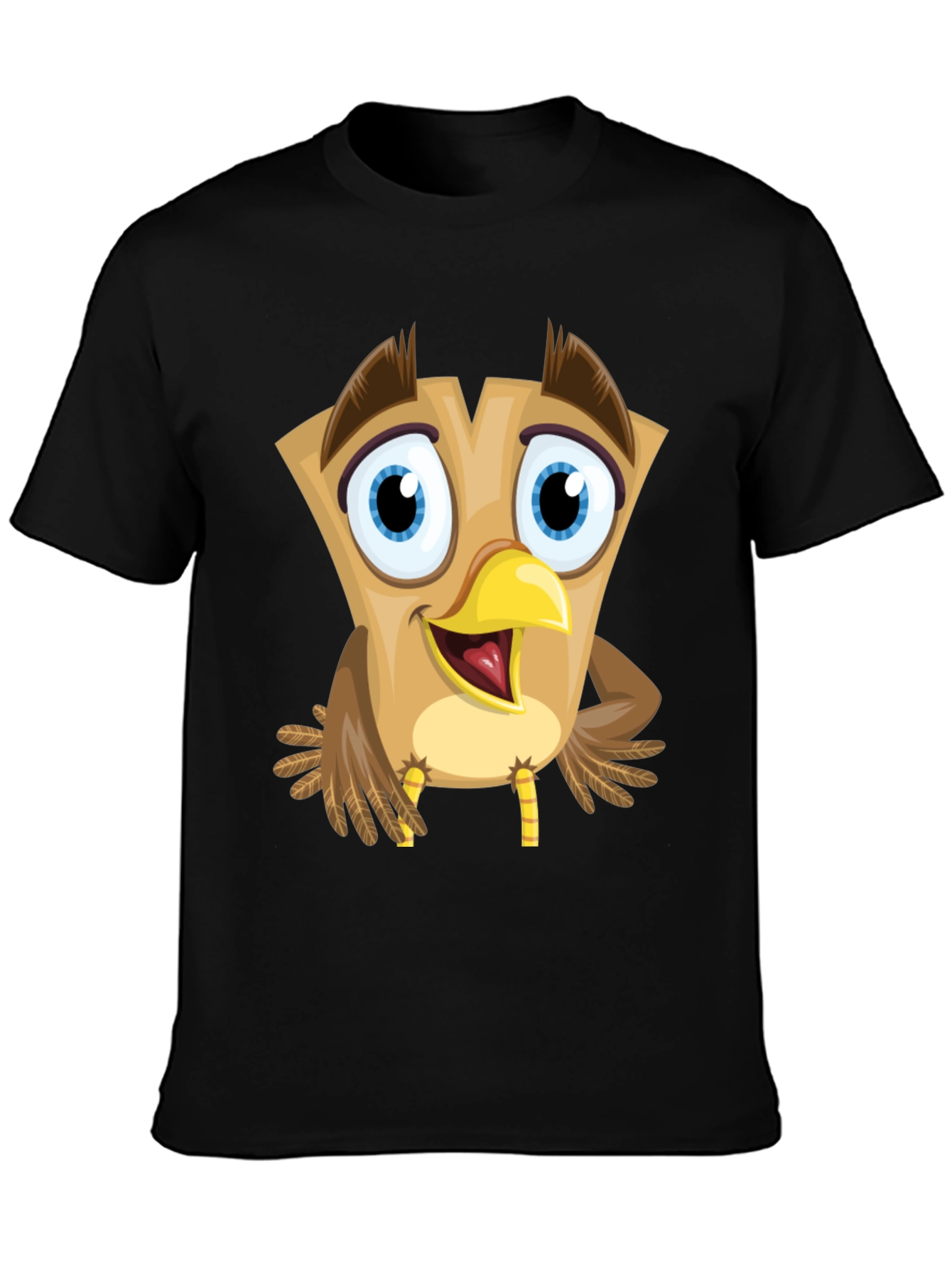 Cartoon Owl Graphic Tee - Black Cotton Blend T-Shirt