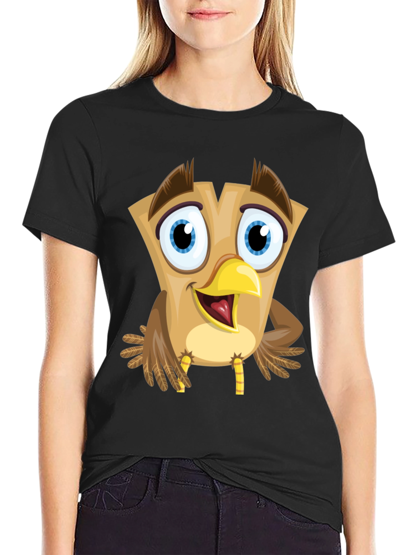 Cartoon Owl Graphic Tee - Black Cotton Blend T-Shirt