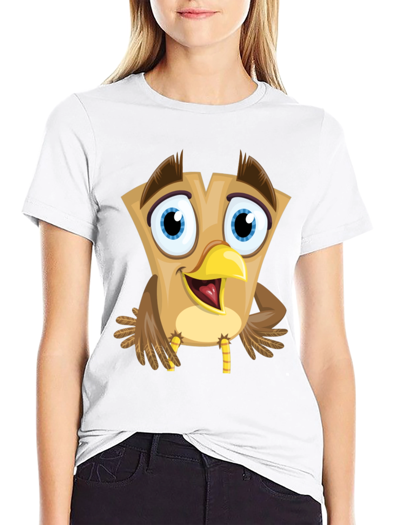 Cartoon Owl Graphic Tee - Black Cotton Blend T-Shirt