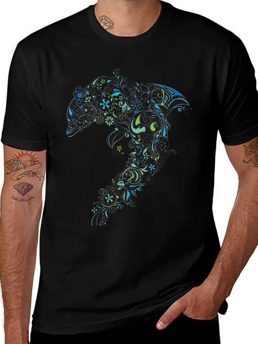 Floral Dolphin Graphic Tee - Black Cotton Comfort