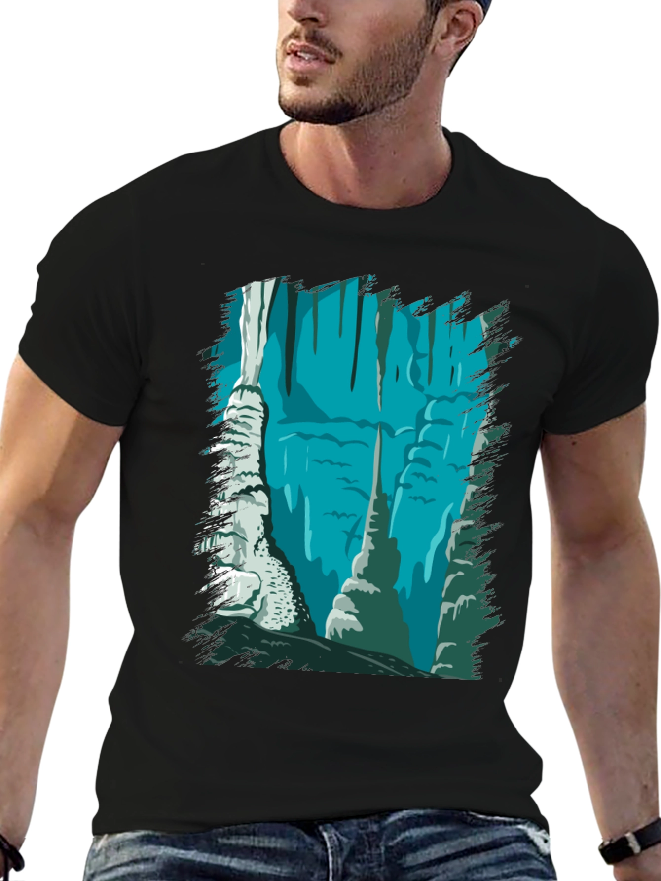 Cave Scene Graphic Tee - Black Cotton Blend